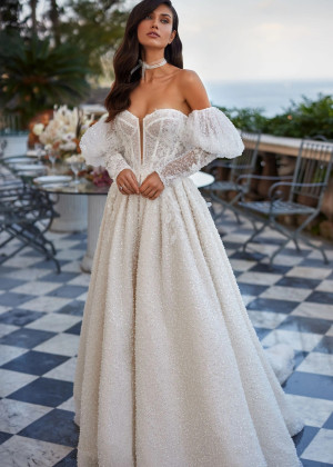 Ivory Glitter Lace Royal Wedding Dress With Removable Sleeves